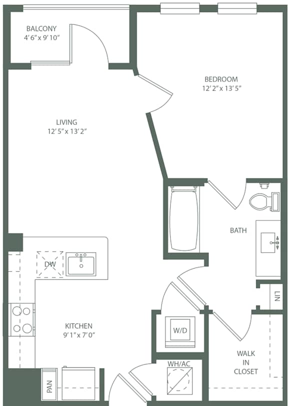 1 Bed 1 Bath A1/A1ST/A1Alt Floor Plan at The Baldwin at St. Paul Square, San Antonio