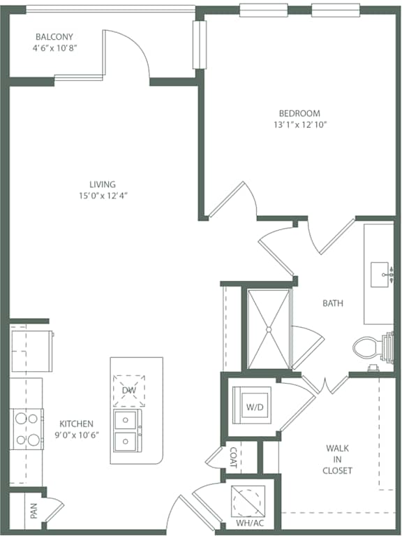 1 Bed 1 Bath A3p/A3CALTp/A3Cp Floor Plan at The Baldwin at St. Paul Square, San Antonio, 78205