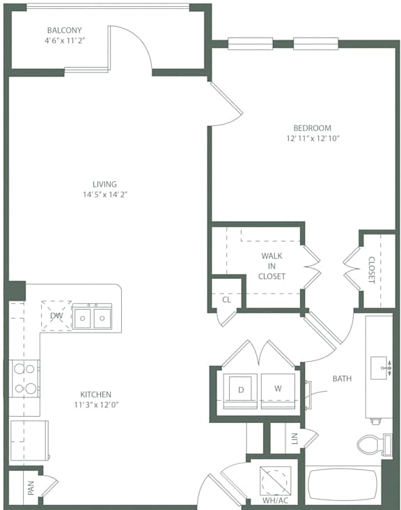 1 Bed 1 Bath A4p Floor Plan at The Baldwin at St. Paul Square, San Antonio, TX, 78205