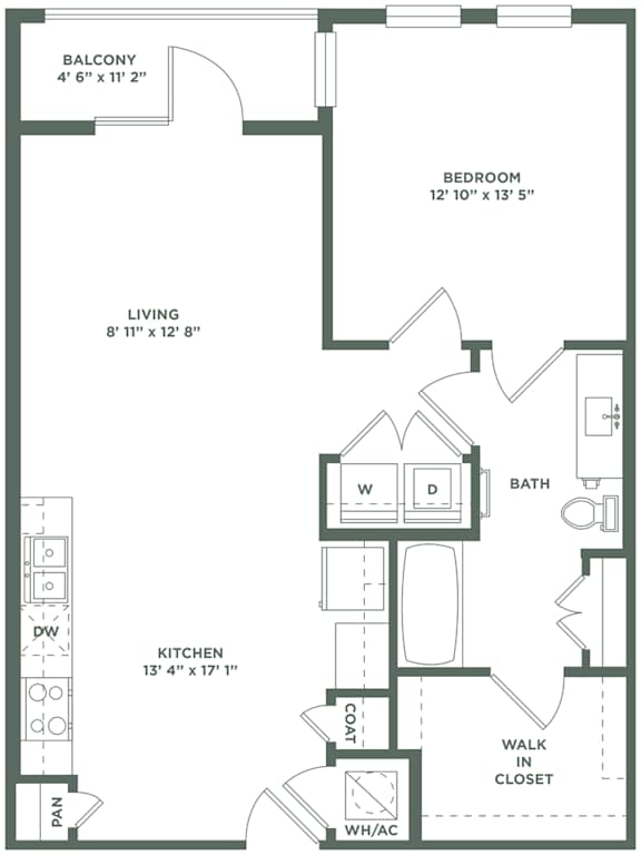1 Bed 1 Bath A6 Floor Plan at The Baldwin at St. Paul Square, Texas