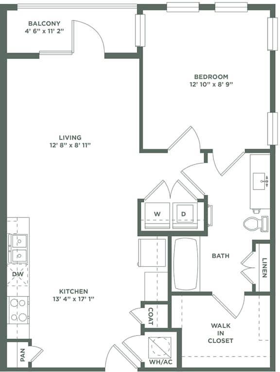 1 Bed 1 Bath A6C Floor Plan at The Baldwin at St. Paul Square, San Antonio