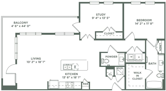 1 Bed 1.5 Bath A7 Floor Plan at The Baldwin at St. Paul Square, San Antonio, 78205