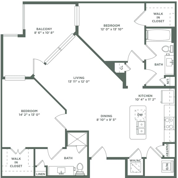 2 Bed 2 Bath B1 Floor Plan at The Baldwin at St. Paul Square, San Antonio, TX, 78205