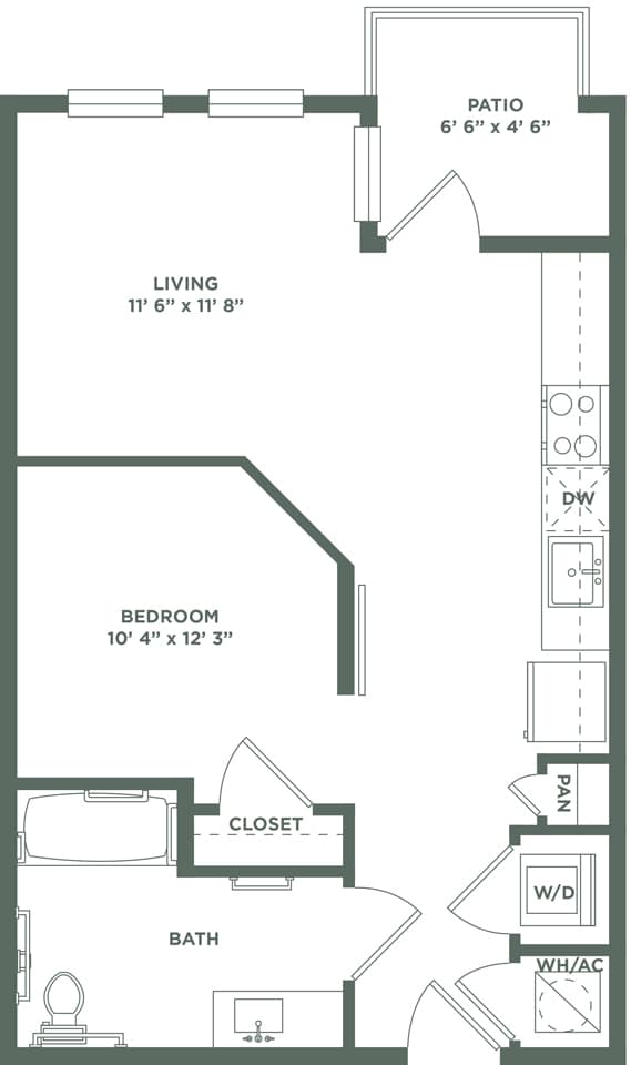 1 Bed 1 Bath E1Ap Floor Plan at The Baldwin at St. Paul Square, San Antonio