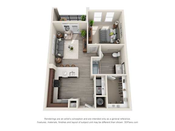 1 Bed 1 Bath A3Hp Floor Plan at The Baldwin at St. Paul Square, San Antonio