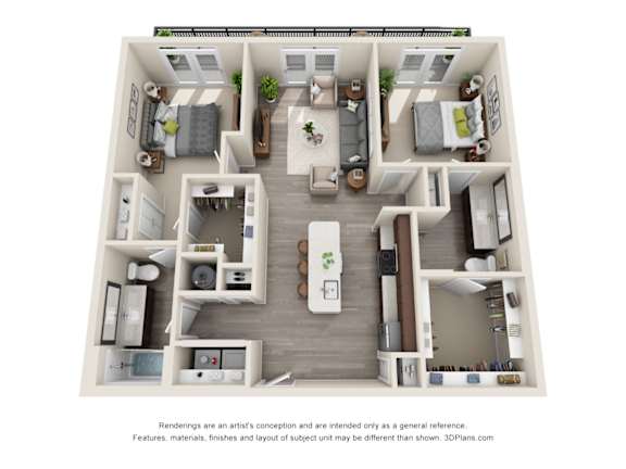 2 Bed 2 Bath B2/B2ST Floor Plan at The Baldwin at St. Paul Square, Texas