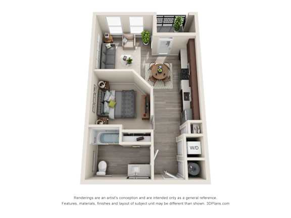 1 Bed 1 Bath E1Ap Floor Plan at The Baldwin at St. Paul Square, San Antonio, 78205