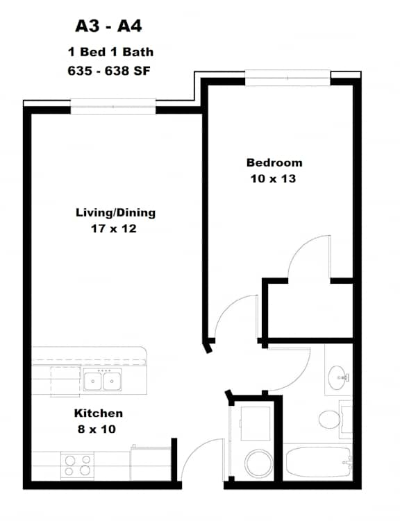 A floor plan of a small apartment with a living room, kitchen, and bedroom.