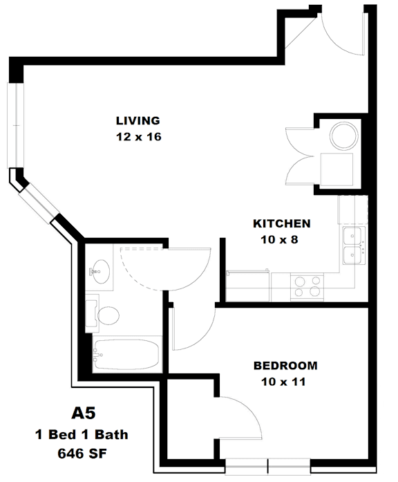 A floor plan of a small apartment with a living room, kitchen, and bedroom.