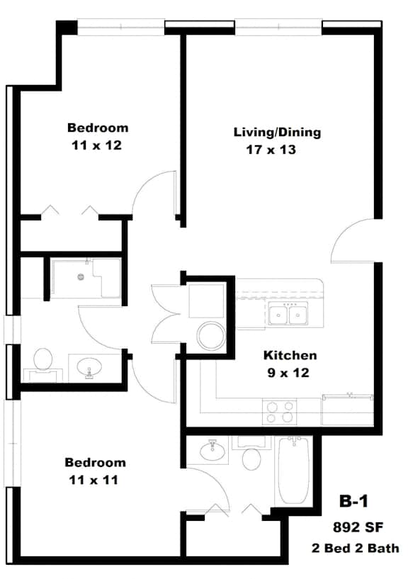 A floor plan of a small apartment with a living room, kitchen, and bedroom.