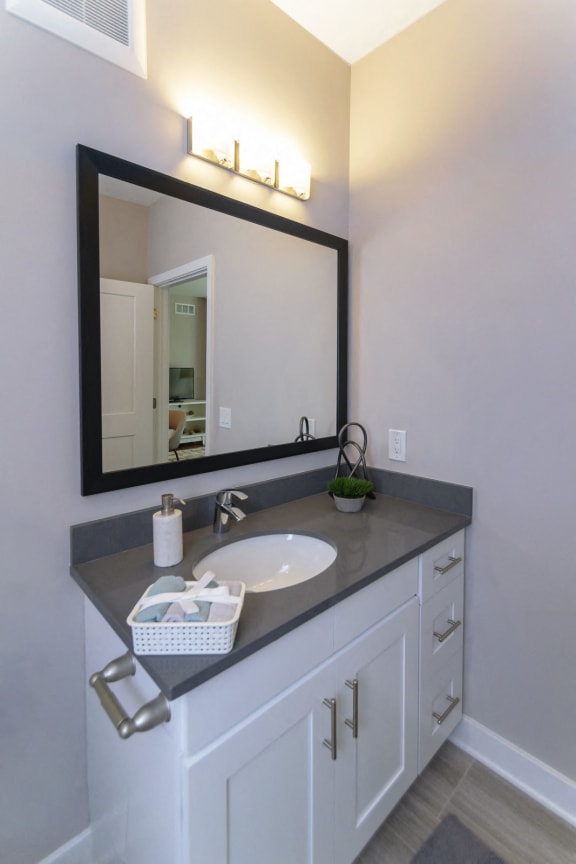 A bathroom sink with a large mirror, sink vanity with quartz countertops, and hardwood-style flooring. at Keva Flats, Exton, PA, 19341
