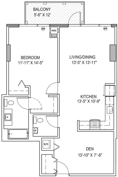 One Bedroom With Den a11 Floor Plan at One 333, Chicago, 60605