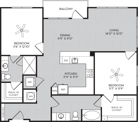 B2a Two Bedroom Floor Plan with Balcony at Apartments in Vinings