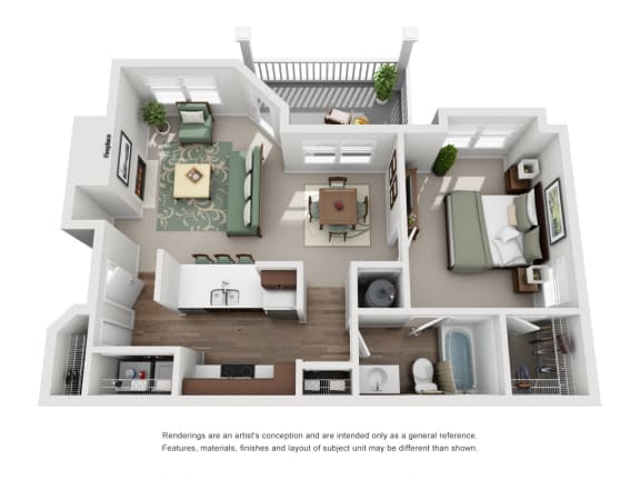 The Nighthawk Floor Plan; A one bedroom, one bathroom apartment floor plan at Eagles Landing Apartments, Westminster, CO, 80021