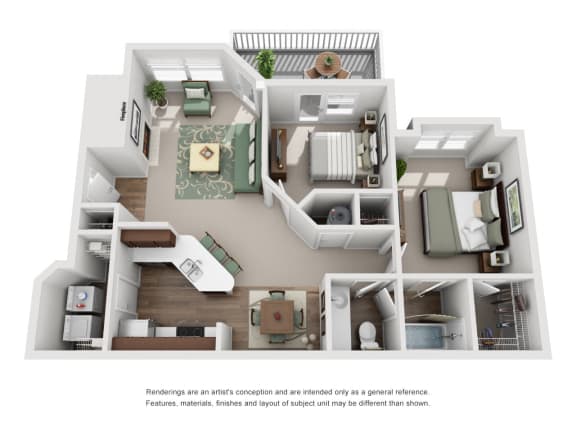 The Osprey Floor Plan; A two bedroom, one bathroom apartment floor plan at Eagles Landing Apartments, Westminster, CO