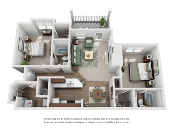 The Eagle Floor Plan; A two bedroom, two bathroom apartment floor plan at Eagles Landing Apartments, Westminster, 80021