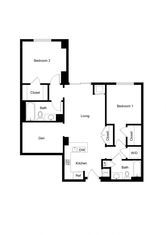 2x2 Den BD02-1 Floor Plan