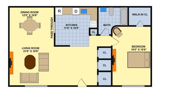 One Bedroom (Downstairs) Floorplan  at Brookwood at Sayville, Sayville, New York