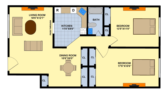 Floor Plan  Two Bedroom (Downstairs)