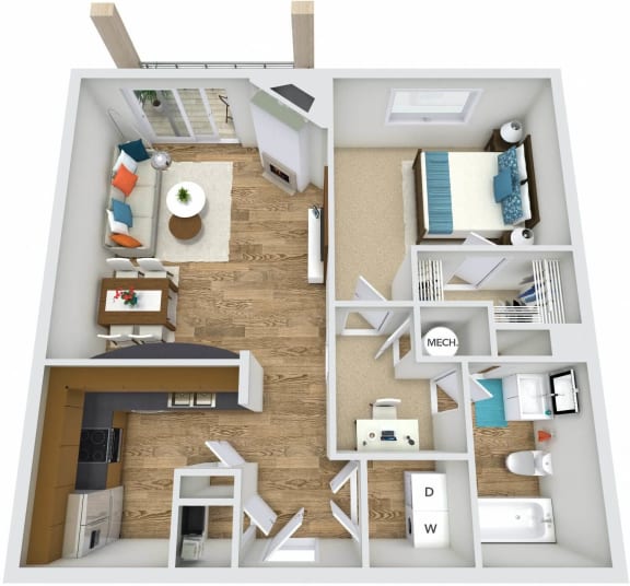 A2 1 Bedroom 1 Bath 3D Floor Plan at Rose Heights Apartments, Raleigh