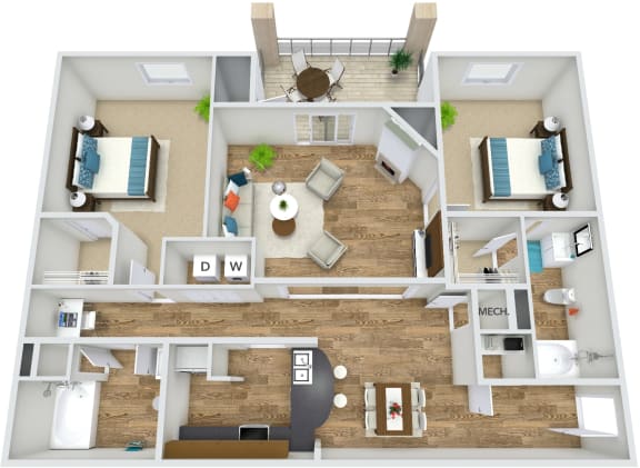 B3 2 Bedroom 2 Bath 3D Floor Plan at Rose Heights Apartments, Raleigh, 27613