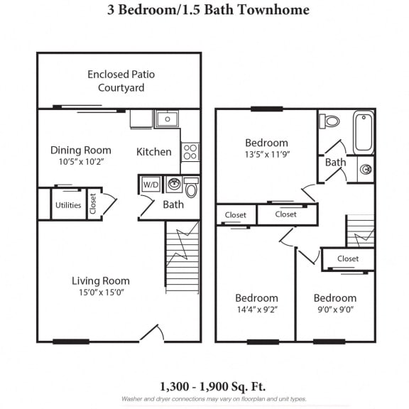 3 bed 1.5 bath floor plan B at Walnut Creek Townhomes, Cincinnati, OH, 45236