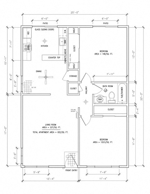2 bedrooms 1 bathroom floor plan at OTAVON APARTMENTS, Novato, CA