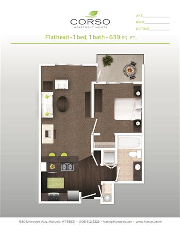 1 Bedroom 1 Bathroom Floor Plan at Corso Apartments, Missoula, MT