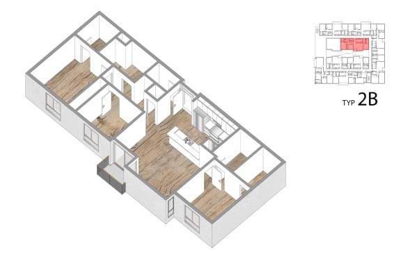 2 Bed 2 Bath Floor Plan 2 Bed 2 Bath Floor Plan at Lido Apartments - 1532 Brockton Ave, Los Angeles
