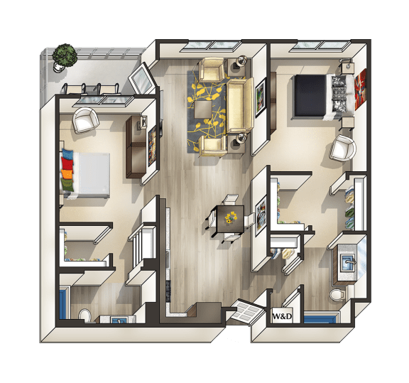 H - 2 Bedroom 2 Bath Floor Plan Layout - 1045 Square Feet