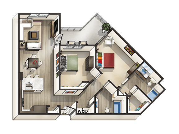 J - 2 Bedroom 2 Bath Floor Plan Layout - 1080 Square Feet