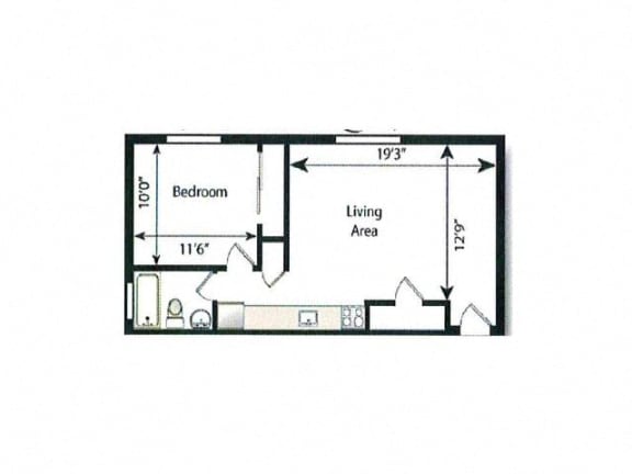 A floor plan of a small apartment with a bedroom and a living area.