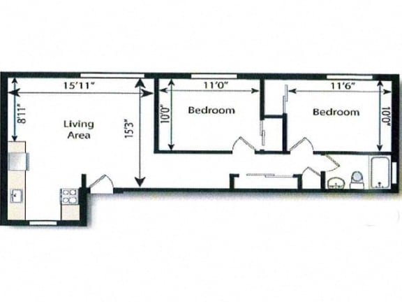 A drawing of a house layout with two bedrooms and a living area.