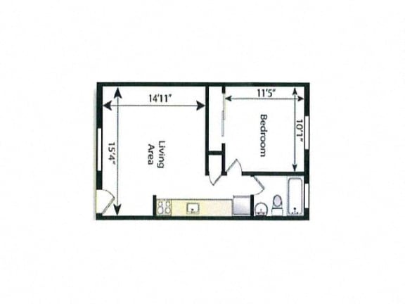 A floor plan of a small apartment with a living room, bedroom, and bathroom.