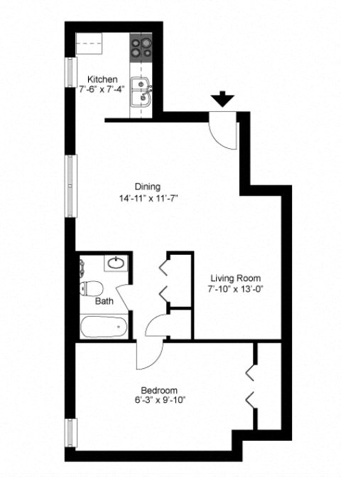 2D floor plan of the A2 Maple 610-square-foot one-bedroom, one-bath apartment at Society Hill at Lehigh Park Apartments.