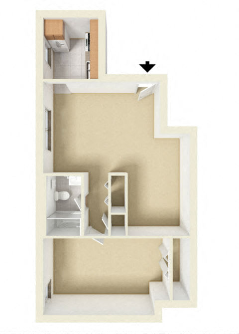 3D unfurnished rendering of the A2 Maple 610-square-foot one-bedroom, one-bath apartment at Society Hill at Lehigh Park Apartments.