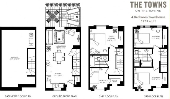 Floor plan of 4 bedroom, 2 bath townhouse at Towns on the Ravine in North York, ON