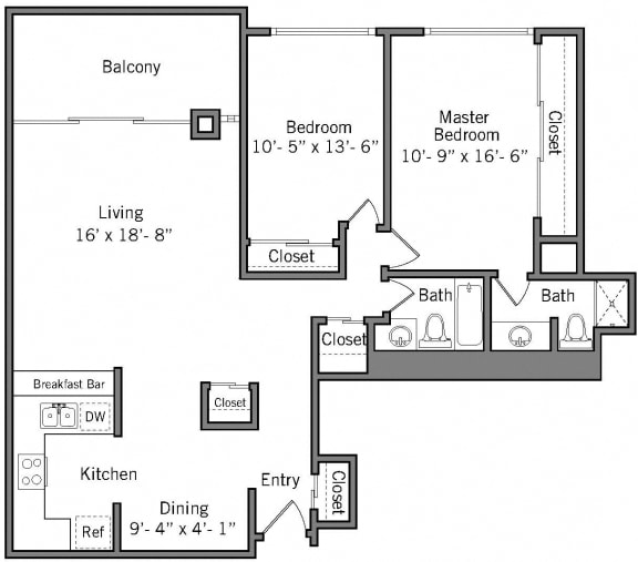 2C - 2 Bedroom 2 Bath Floor Plan Layout - 1144 Square Feet
