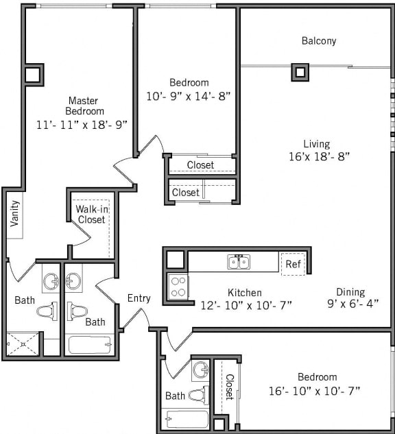 3B - 3 Bedroom 3 Bath Floor Plan Layout - 1650 Square Feet