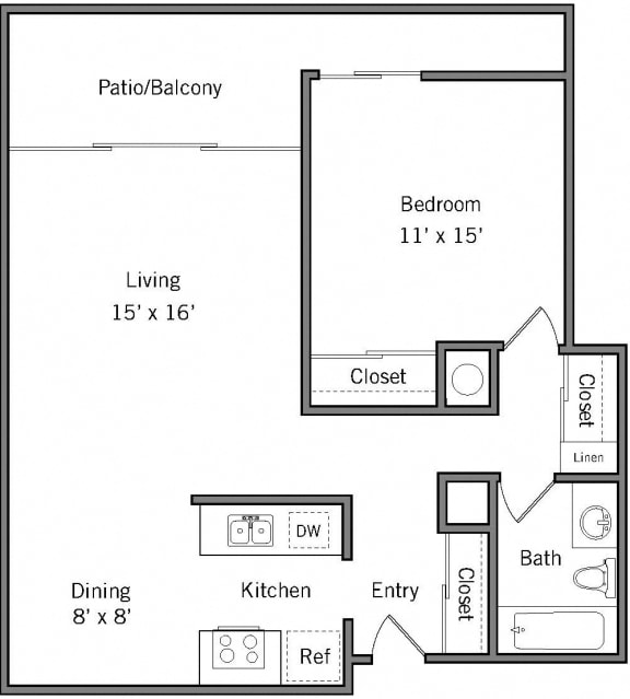 1D - 1 Bedroom 1 Bath Floor Plan Layout - 700 Square Feet 1D - 1 Bedroom 1 Bath Floor Plan Layout - 700 Square Feet at Americana Apartments, California, 94040