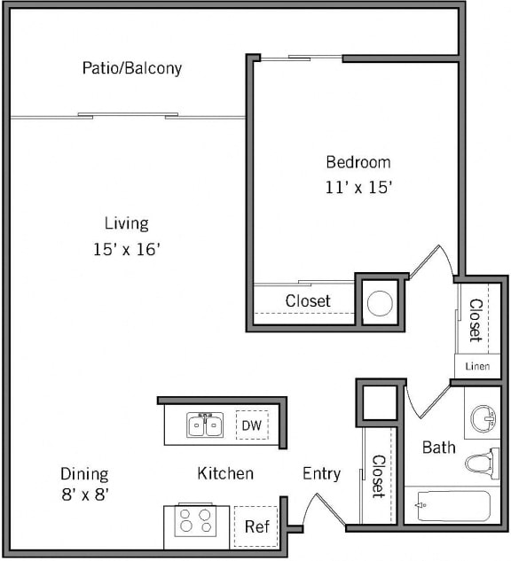 1F - 1 Bedroom 1 Bath Floor Plan Layout - 710 Square Feet 1F - 1 Bedroom 1 Bath Floor Plan Layout - 710 Square Feet at Americana Apartments, California