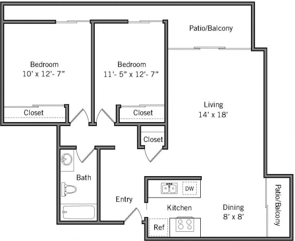 2A - 2 Bedroom 1 Bath Floor Plan Layout - 940 Square Feet 2A - 2 Bedroom 1 Bath Floor Plan Layout - 940 Square Feet at Americana Apartments, Mountain View, CA