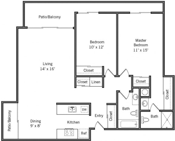 2F - 2 Bedroom 2 Bath Floor Plan Layout - 975 Square Feet 2F - 2 Bedroom 2 Bath Floor Plan Layout - 975 Square Feet at Americana Apartments, Mountain View, California