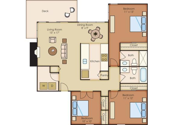 3 Bed 2 Bath Floor Plan at Sorrento Bluff, Beaverton, OR