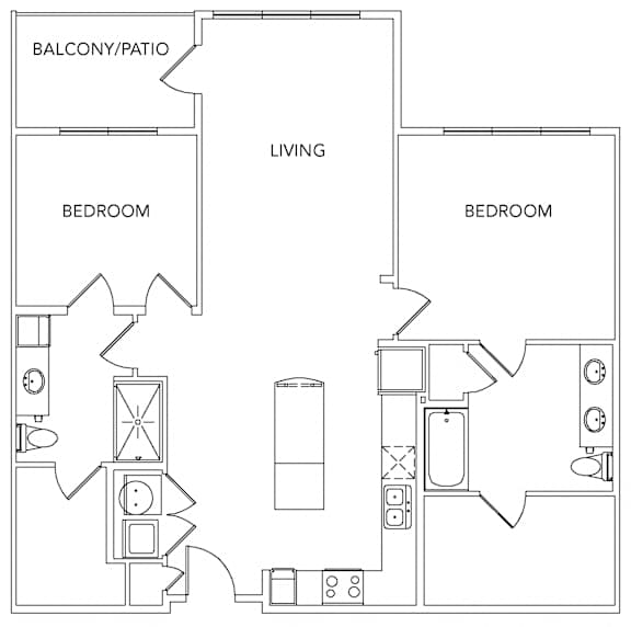 2 bed 2 bath B2B Floorplan with Balcony at Encore at Forest Park Apartments, Saint Louis, 63110