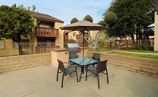 Comfortable outside seating at WOODSIDE VILLAGE, West Covina, CA