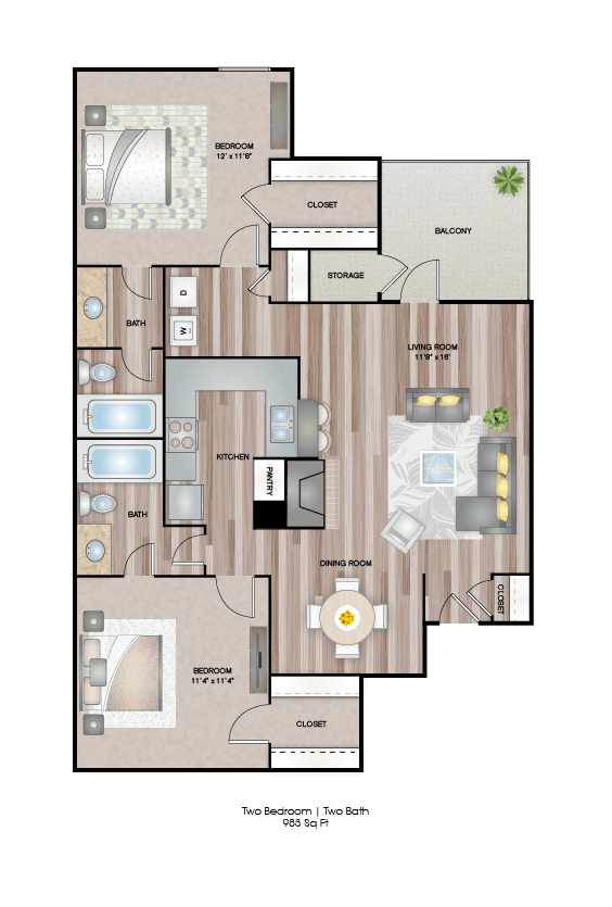 Two Bed Two Bath Floor Plan at Timberglen Apartments, Dallas