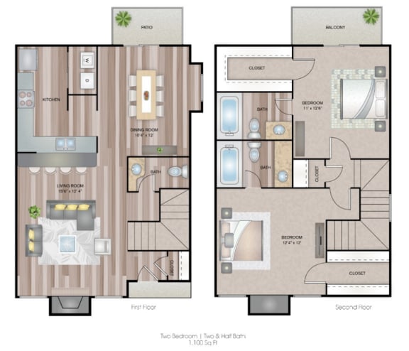 2 bed 2.5 bath Sycamore Floor Plan at Timberglen Apartments, Dallas, TX
