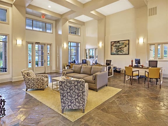 Leasable Event Space with Couches and Seating for 8 with Bright Open Windows at Alden Place at South Square Apartments, Durham, NC 27707