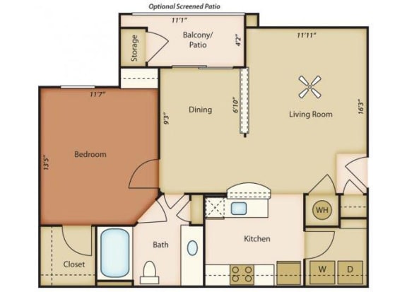 Alexander Floorplan 1 Bedroom 1 Bath 832 Total Sq Ft at Alden Place at South Square Apartments, Durham, NC 27707